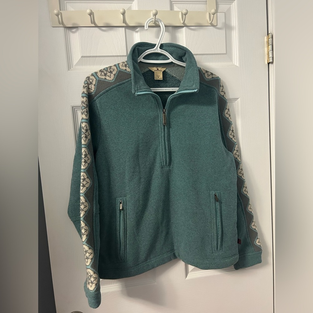 Woolrich Teal Zip-Up Sweater with Patterned Sleeves